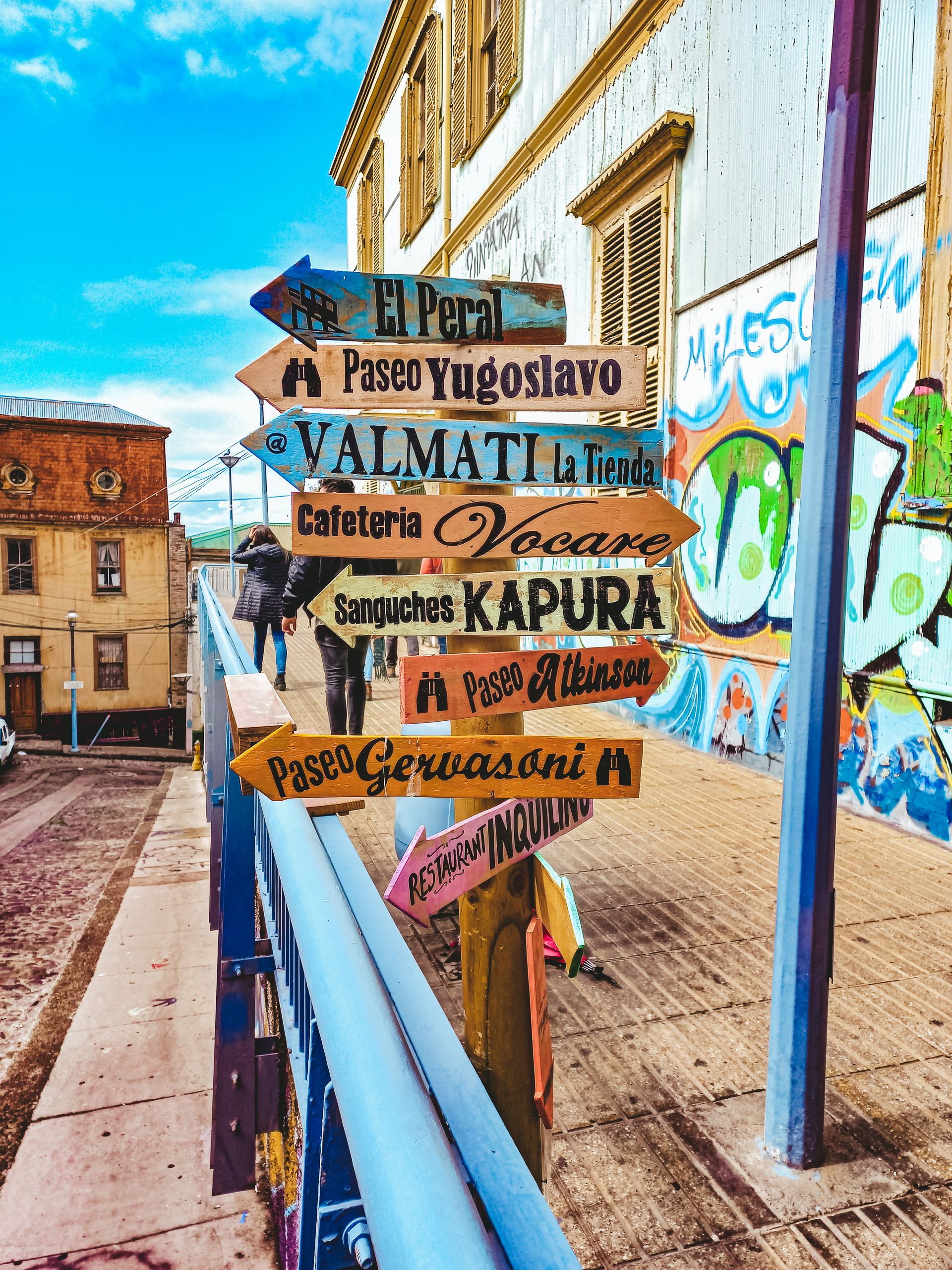 Vibrant street scene with colorful signpost, capturing city essence.